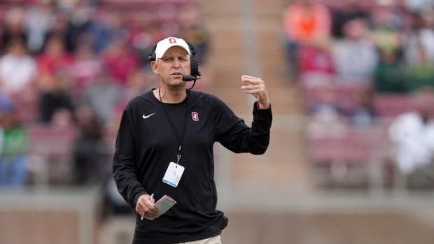 Sep 30, 2023; Stanford, California, USA; Stanford Cardinal head coach Troy Taylor gestures during the second quarter against the Oregon Ducks at Stanford Stadium. Mandatory Credit: Darren Yamashita-USA TODAY Sports